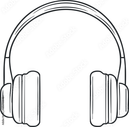 Black and white line drawing of over-ear headphones with thick ear cushions and a curved headband