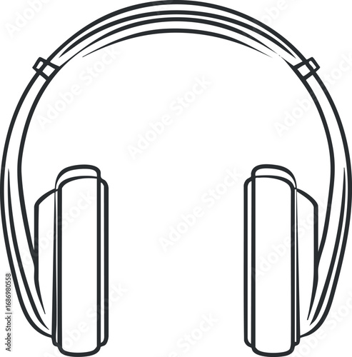 Black and white line art illustration of over-ear headphones with headband and ear cushions