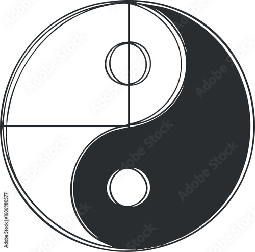 Black and white yin yang symbol representing balance and harmony in a circular design