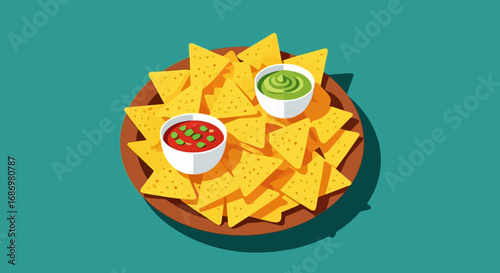 An illustration of a plate of tortilla chips with two bowls of dip, one red salsa and one green guacamole.