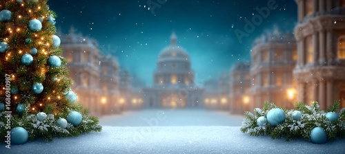 a winter scene featuring a christmas tree decorated with lights and balls, decorated with snowflakes, and buildings in the background