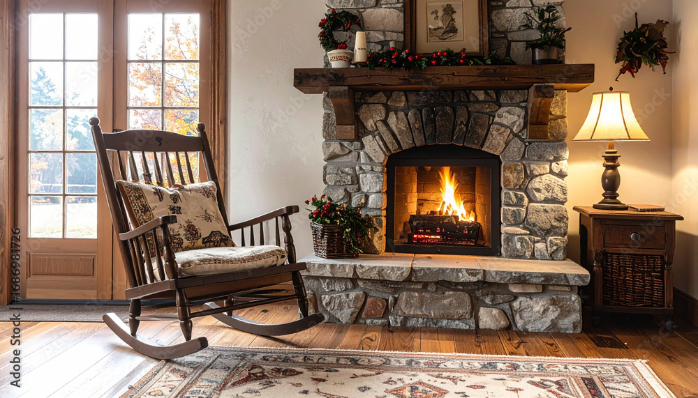 Fototapeta premium Cracker Barrel inspired interior corner with stone fireplace, rocking chair, and vintage decorations, rustic cozy vibe