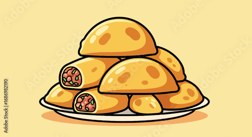A stack of golden-brown empanadas filled with meat and vegetables, presented on a white plate against a light yellow background.
