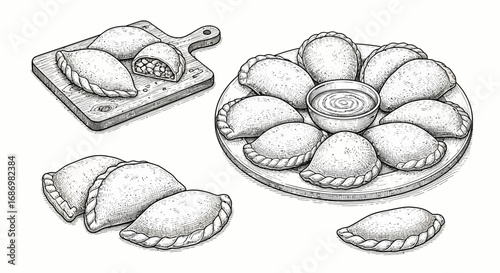 Illustration of empanadas arranged on a plate with dipping sauce, on a cutting board, and in a small pile.