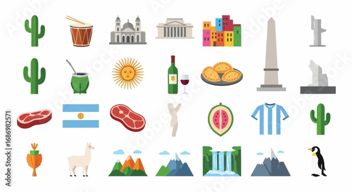 A collection of vector icons representing Argentina, including landmarks, food, drinks, wildlife, and cultural symbols, arranged in rows on a white background.