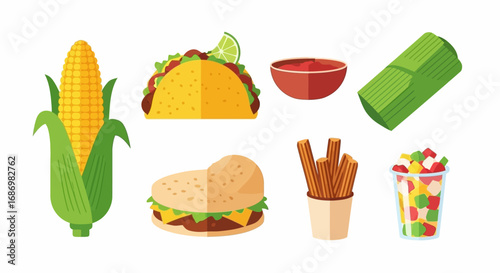 Colorful illustration of various Mexican food items including corn, taco, salsa, tamale, burger, churros, and a cup of candies.
