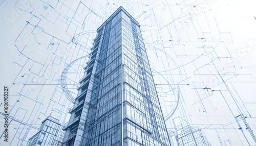 Fototapeta samoprzylepna Modern skyscraper design with architectural blueprint and detailed construction plan