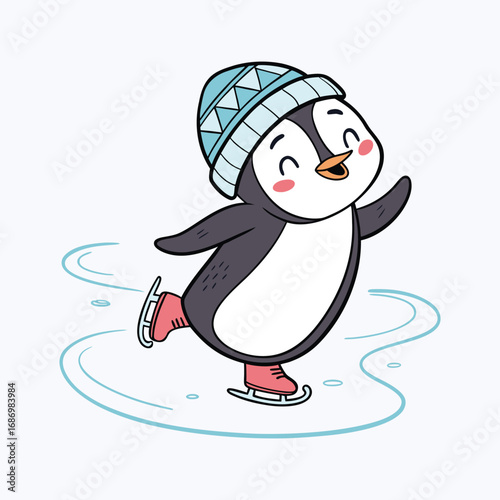 penguin on snow ice skating vector illustration