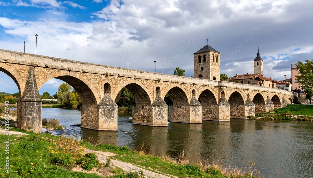 Naklejka premium Stone arch bridge over river, town in background