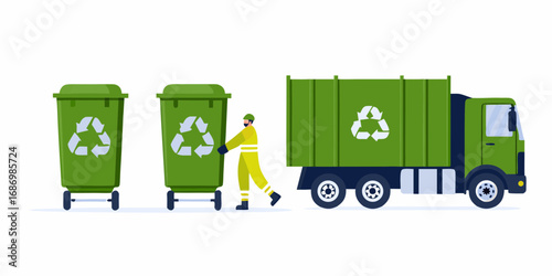 Sanitation worker in uniform collecting recycling bins next to a green garbage truck