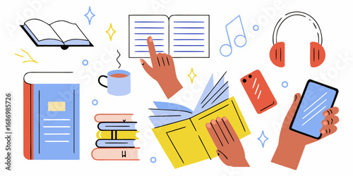 A collection of books a steaming cup of coffee headphones and smartphones representing reading and learning