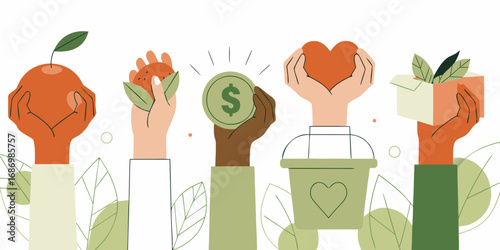 Diverse hands offering gifts of food money love and donations for charity and humanitarian causes