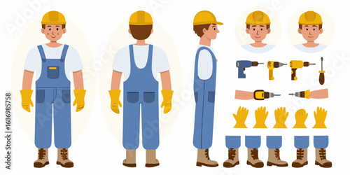 Cartoon construction worker character with tools and safety gear shown from front back and side views