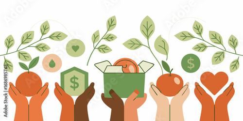 Diverse hands offering support and donations for community growth and charitable giving