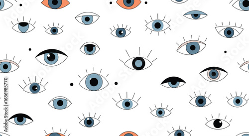 An abstract pattern of many eyes staring in different directions with diverse sizes and colors