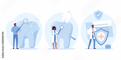 Dentist and patient examining a healthy tooth with magnifying glass dental care and insurance concept