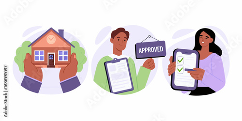 Illustration of a house being held in hands a man holding an approved sign and clipboard and a woman checking a list on a tablet