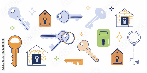 Collection of stylized keys and house icons representing home ownership and security