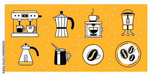 Collection of stylized coffee making equipment and beans on a bright yellow background with white dots