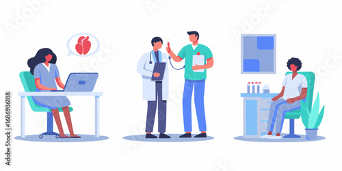 Medical professionals collaborate and care for patients in a modern clinic setting with digital health elements