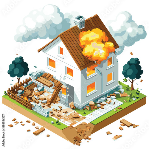 isometric House hit by explosion , vector style simple color