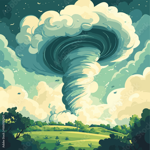 Stylized Tornado Swirling Over Green Landscape storm , vector style simple color