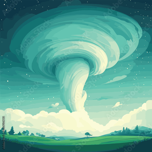Stylized Tornado Swirling Over Green Landscape storm , vector style simple color