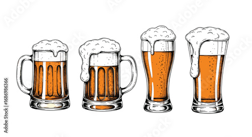 Collection of frothy beer mugs and glasses filled with amber liquid and white foam