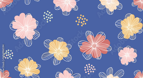 A charming collection of hand-drawn floral patterns with a vibrant blue background