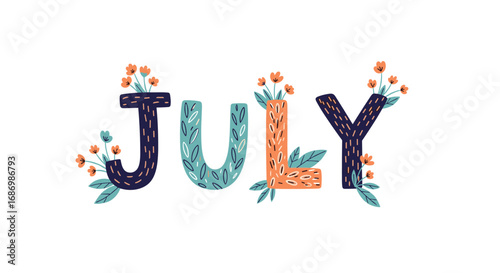 Hand drawn artistic lettering of the word july decorated with small flowers and leaves isolated on white background a celebration of summer months and floral beauty