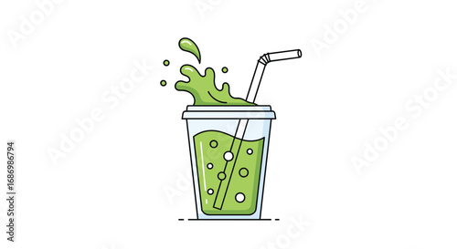 Green juice splash in a clear cup with a straw refreshing healthy beverage explosion dynamic motion concept art illustration