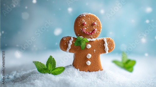 Smiling gingerbread man with candy eyes in snow, white icing details, blue background with blurred snowflakes