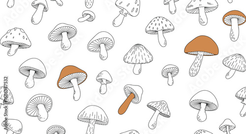 A whimsical pattern of hand drawn mushrooms in various stages of growth and color variations