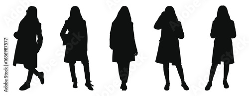 Teen girl silhouette set in winter coat, five standing poses, young woman clipart in solid black, vector illustration for fashion, retail catalogs, posters, and social media