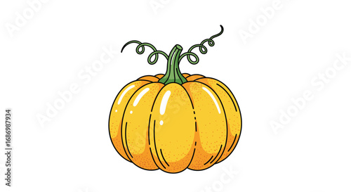A vibrant yellow autumnal gourd with twisted green stems and tendrils adorning the top