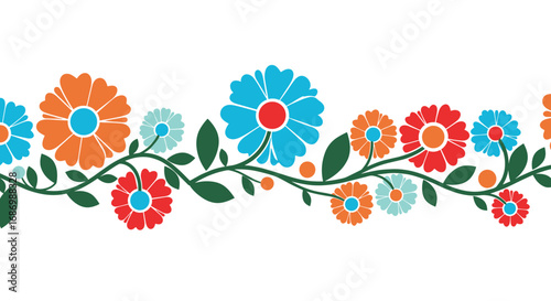 Vibrant floral border design featuring daisy-like flowers in a variety of bright colors