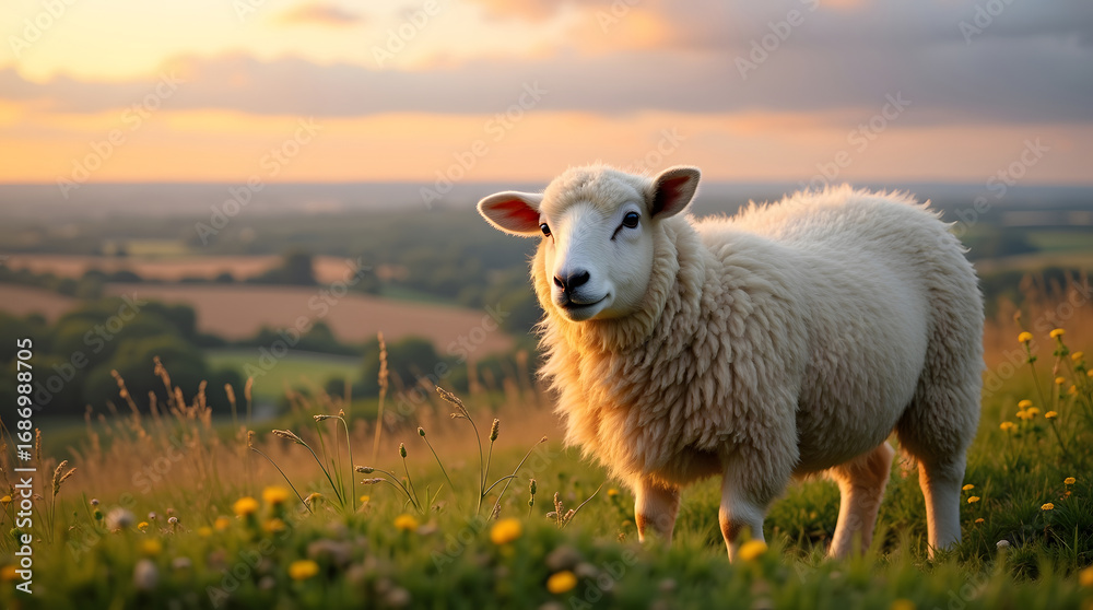 Obraz premium A fluffy sheep standing in a field with a sunset in the background. Rural landscape.