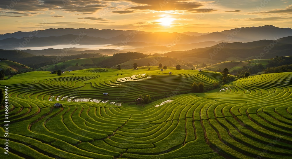 Fototapeta premium Sunrise over terraced rice paddies