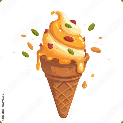 Vector illustration of a pumpkin and matcha swirl ice cream in a waffle cone with splashes and seeds, isolated on a  white background. Vector illustration of autumn pumpkin dessert on white background
