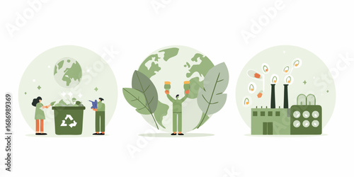 Environmental protection and sustainability concepts with people recycling painting the earth and a factory emitting clean energy