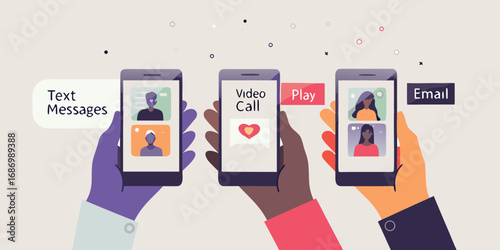 Hands holding smartphones displaying text messages video calls and email communication methods