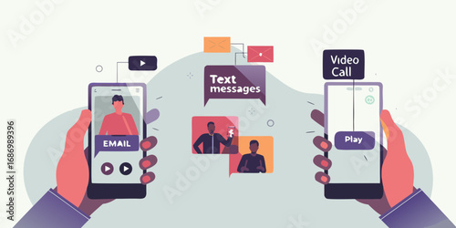 Hands holding smartphones connecting via digital communication methods like email text messages and video calls