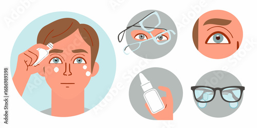 Man applying eye drops and skincare products with illustrations of eyes and glasses