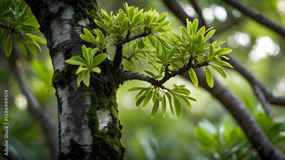 Obraz premium Fresh Green Leaves on Tree Branch