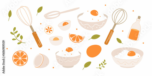 Whimsical kitchen scene with eggs oranges and baking utensils in a flat design style