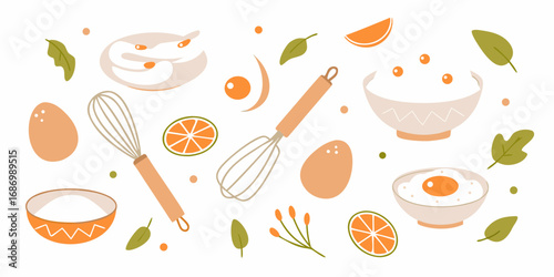 Whimsical kitchen ingredients and tools illustration with eggs oranges and whiskers