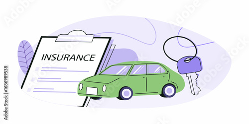 Car insurance policy document with car and key on clipboard