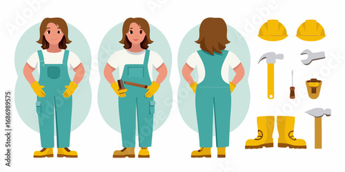 Female construction worker in overalls and safety gear with tools and equipment displayed