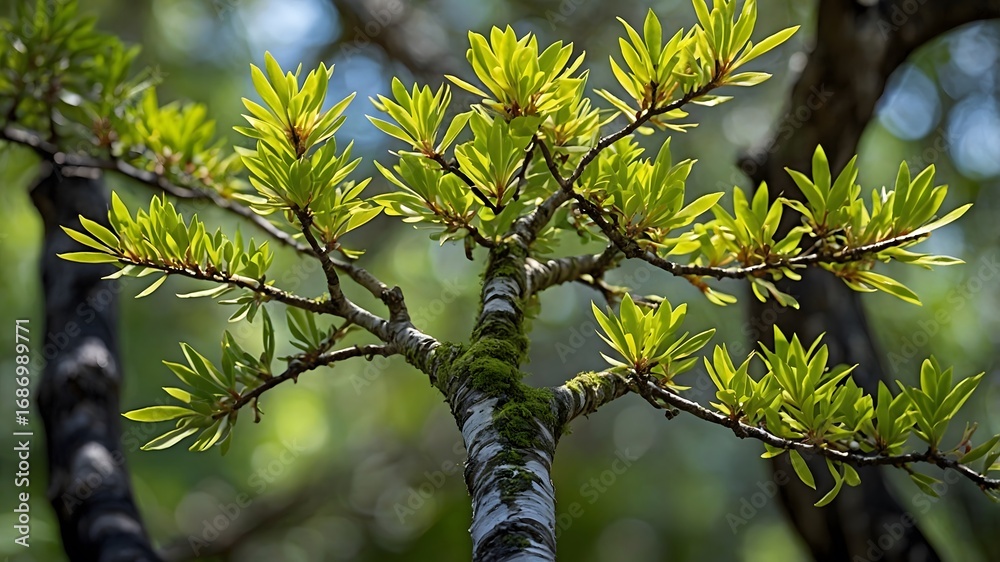 Fototapeta premium Sunlit Tree Branch with Green Leaves