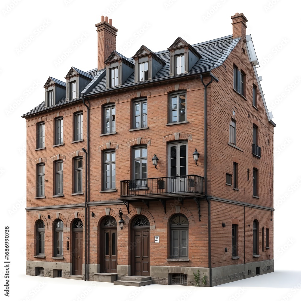 Fototapeta premium European brick building with dormers isolated on white background